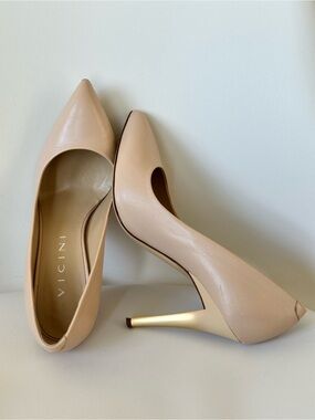 VICINI Italian Nude Beige Leather Pumps Gold Stiletto Heels Women’s Size EUR 38